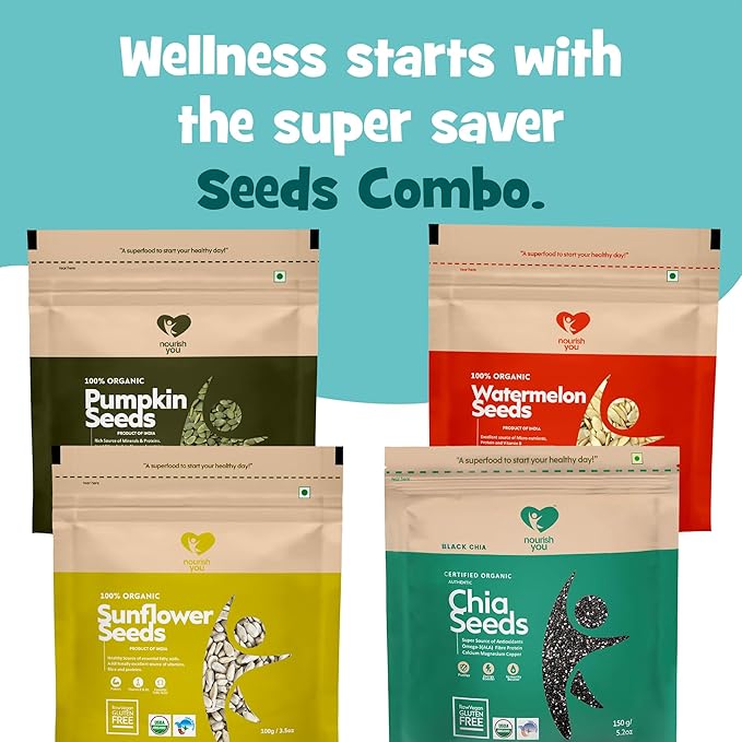 Raw Seeds Combo | Pumpkin, Sunflower, Watermelon -100g each & Chia -150g, Mixed Seeds - High in Nutrients, Protein, Fibre 450g