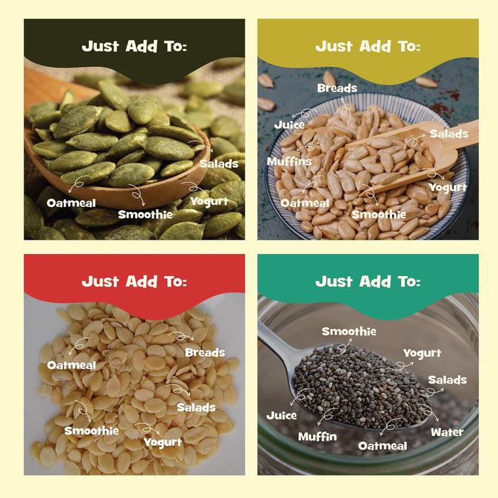 Raw Seeds Combo | Pumpkin, Sunflower, Watermelon -100g each & Chia -150g, Mixed Seeds - High in Nutrients, Protein, Fibre 450g