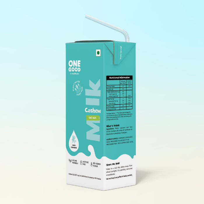 Sugar-Free Cashew Oat Mlk | Plant Based Mlk | 200ml | Lactose-Free| Gut-Friendly