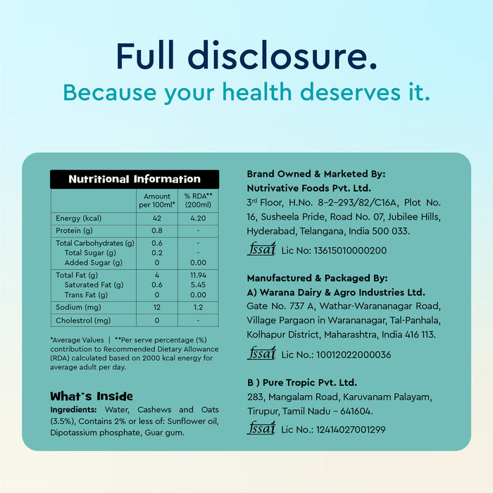 Sugar-Free Cashew Oat Mlk | Plant Based Mlk | 200ml | Lactose-Free| Gut-Friendly