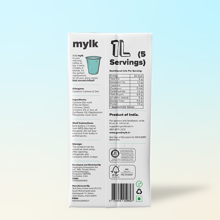 Sugar-free Cashew Oat Millet Mlk | 1 litre | Plant-based Milk Alternative